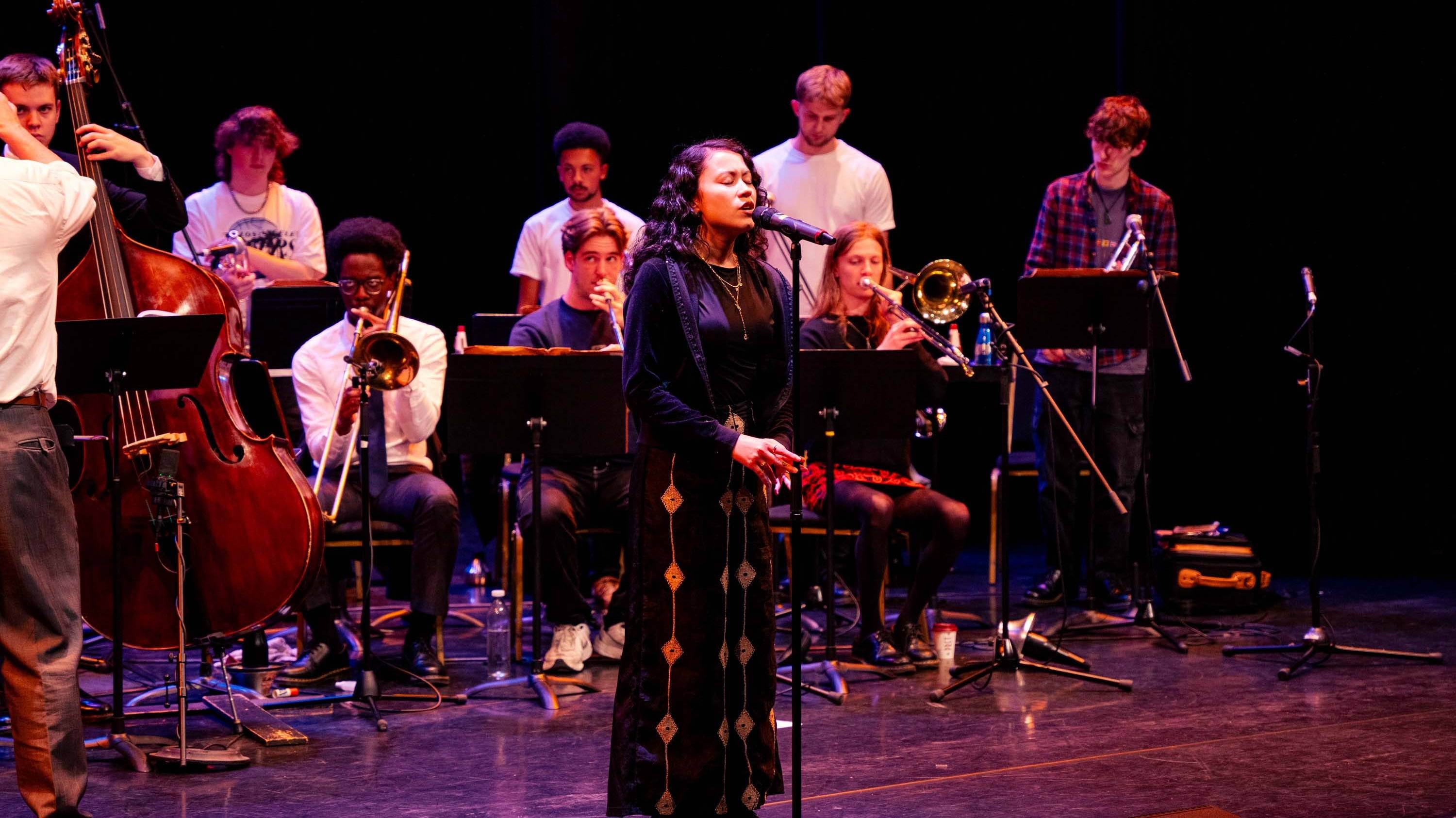 A singer performs at a microphone with a band in the background